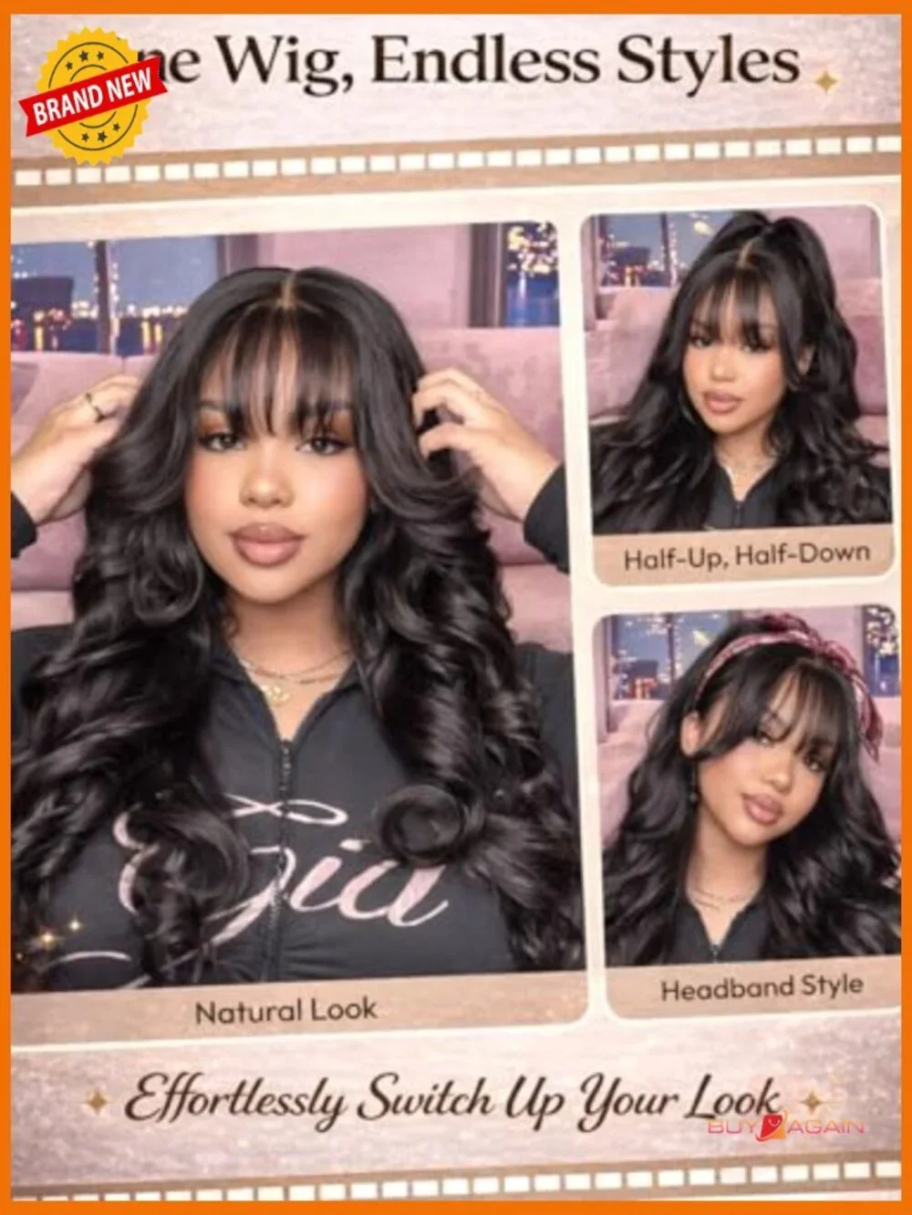 Body Wave Human Hair Wig with Wispy Bangs, Glueless Lace Front, Pre-Plucked